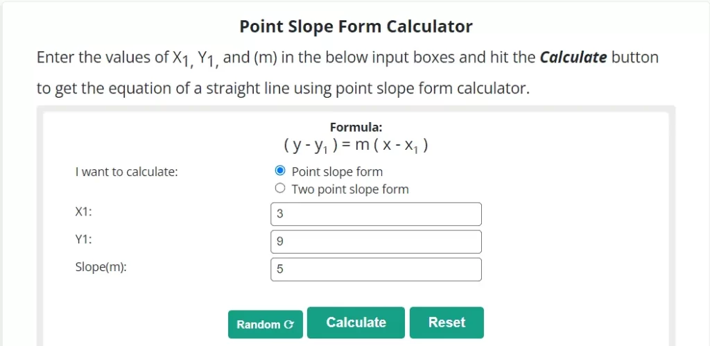 Point Slope Calculator by Allmath.com 